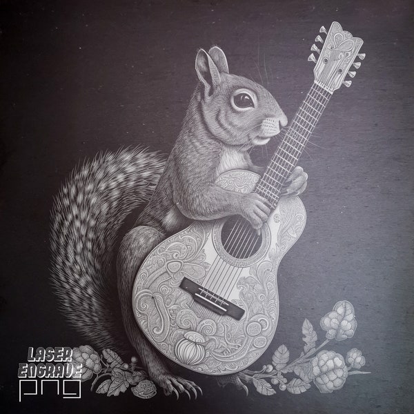 Laser Burn PNG | Guitarist Squirrel Engraving File for Slate | Gift for Musician | Flamenco Player Rodent | CNC Etch Design | Downloadable