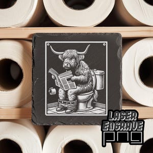 Toiletdeurbordje | Leisteenonderzetter Highland Cow, png PNGEgg | CO2-lasergravurebestanden | Airbnb- en toiletborden | Lightburn, Glowforge, Xtool Ready | CNC: