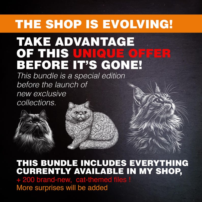 Limited edition laser engraving bundle – Get all current designs before they disappear! 1,700+ PNG files, including 200 exclusive cat designs. Commercial license included.