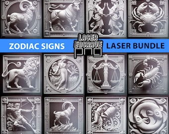 12 stjärntecken lasergraverade PNG-filer, antikt staty-astrologipaket för skifferlasertillverkare