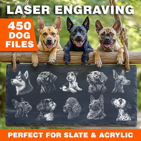 Dog Breeds Laser-Ready Slate Engraving PNG Files Bundle - Lightburn, Glowforge, Xtool
