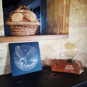 Puede incluir: Una placa de pizarra negra con una imagen grabada en blanco de un &aacute;guila calva en vuelo. La placa est&aacute; colgada en una pared con una base de l&aacute;mpara de madera con el texto "Laser Engrave Pro" en la parte delantera.