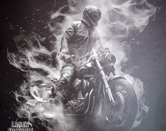 Biker in Smoke PNG File: Laser Engraving, Slate Etching