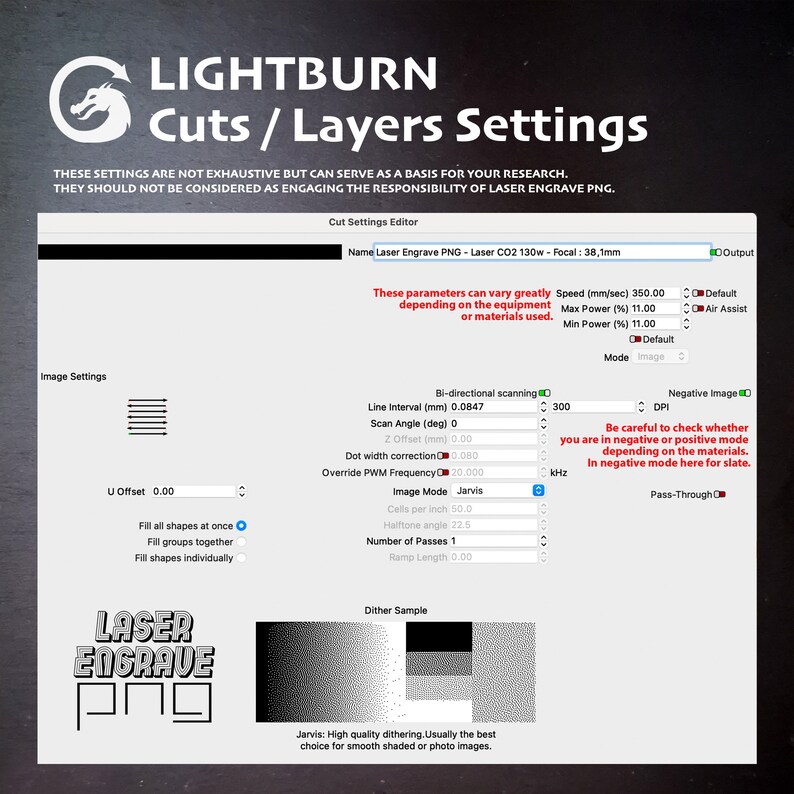 Puede incluir: Una captura de pantalla de la interfaz del software Lightburn, que muestra la configuraci&oacute;n para el grabado l&aacute;ser. La configuraci&oacute;n incluye opciones para la velocidad, la potencia, el intervalo de l&iacute;nea, el &aacute;ngulo de escaneo y el tramado. El software se utiliza para controlar un grabador l&aacute;ser.