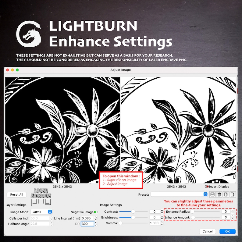 Puede incluir: Una captura de pantalla del software Lightburn que muestra una imagen en blanco y negro de un dise&ntilde;o floral. La imagen se est&aacute; mejorando utilizando la configuraci&oacute;n del software. La configuraci&oacute;n incluye contraste, brillo, gamma, radio de mejora y cantidad de mejora.