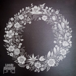 Corona de flores - Archivo de grabado Lightburn Glowforge - Slate Etching PNG - Regalo personalizable para el Día de la Madre