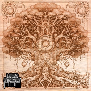 Könnte beinhalten: Eine detaillierte Lasergravur eines Baumes mit komplizierten Wurzeln und Ästen. Der Baum hat ein kreisförmiges Design in der Mitte und kleinere Kreise in allen Ästen. Das Design befindet sich auf einer hellbraunen Holzoberfläche.