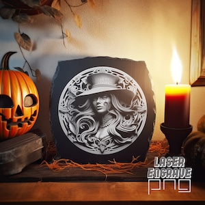 Witch PNG | Plik do grawerowania laserowego | Podkładki z łupka | Iluzja 3D | Projekty CNC | Artful Wall Art | Projekt do pobrania i wydrukowania | Wytrawione