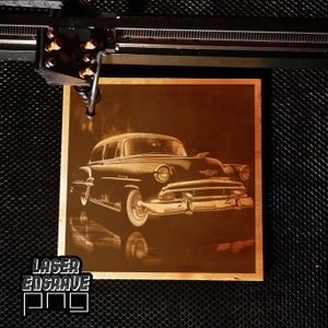May include: A laser engraved wooden plaque featuring a vintage car in black and white. The car is a 1950s Chevrolet Bel Air. The plaque has a brown background and the car is in the center of the plaque.