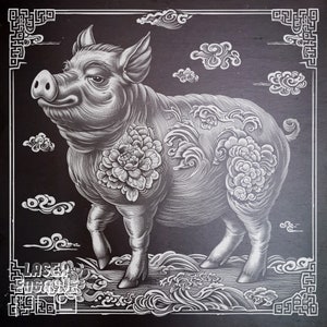 Zodíaco chino / Archivo PNG grabado con láser / Signo del cerdo / Ideas para regalos de horóscopo / Posavasos de pizarra grabados / Año Nuevo lunar / Glowforge / Arte CNC