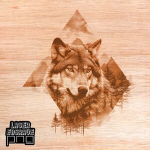 May include: A laser engraved wooden plaque with a wolf's head in the center, surrounded by a geometric mountain design. The text "LASER ENGRAVE PNG" is in the bottom left corner.