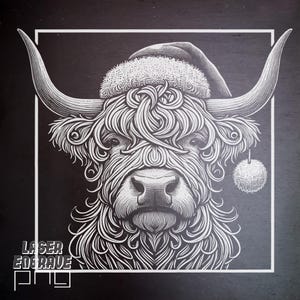 Highland Cow PNG | Plik do grawerowania laserowego | Czapka Mikołaja PNG | Podkładki z łupka | Projekty CNC | Dekoracje świąteczne | Zapasy świąteczne | Zabawne | Łupek PNG | Sztuka