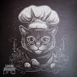 Chef Cat PNG / Archivo de grabado láser / Grabado de posavasos de pizarra / Diseño descargable e imprimible / Cocina gata / Obra de arte culinaria felina