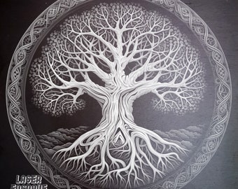 Yggdrasil-boom lasergravurebestand: leisteen onderzetterontwerp (PNG)