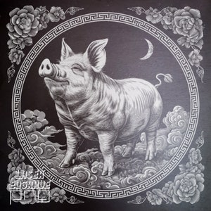 Zodíaco chino / Archivo PNG grabado con láser / Signo del cerdo / Ideas para regalos de horóscopo / Posavasos de pizarra grabados / Año Nuevo lunar / Glowforge / Arte CNC