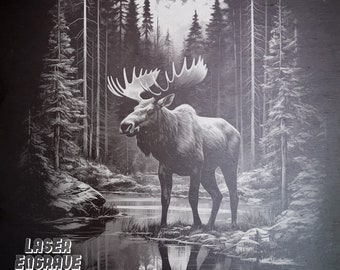 May include: A black and white illustration of a moose standing in a forest with a lake in the foreground. The moose has large antlers and is looking to the left. The forest is dense with tall trees. The lake is calm and reflective. The image is in a vintage style.