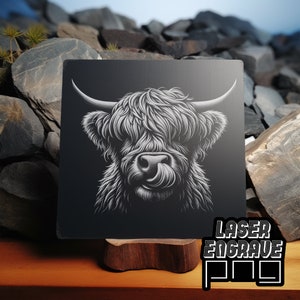 Highland Cow PNG | Arquivo de gravação em ardósia para laser | Arquivos de roteador e gravação CNC | Bases para copos de ardósia, tábuas | Lightburn, Glowforge, Xtool