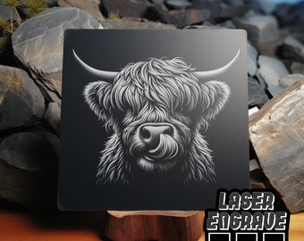 PNG-bestand lasergravure Highland Cow: leisteen onderzetter