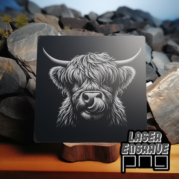 Highlands Cow PNG | Laser Engraving File | Slate PNG | Slate Coasters Engraved | Cnc Router Files | Slate Boards Etching | DIY Home Decor