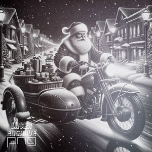 Plik do grawerowania laserowego | Święty Mikołaj PNG | Podkładki z łupka | Projekty CNC | Dekoracje świąteczne | Projekt dostawy motocykla Świętego Mikołaja | Prezenty w przyczepie bocznej | Silnik