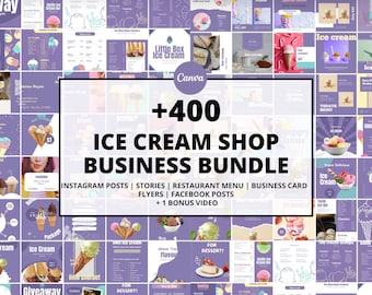 Ice Cream Shop Social Media Templates, Canva Bundle Kit