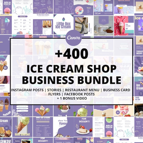 Ice cream Shop Social Media Templates editable Kit, Food Marketing Templates, Restaurant Social Media Posts, Canva Templates Bundle Kit