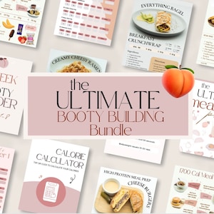 Könnte beinhalten: Ein digitaler, druckbarer Bundle in Rosa und Pfirsichfarben für ein 8-wöchiges Po-Building-Programm. Das Bundle beinhaltet einen Kalorienrechner, Ernährungspläne und Trainingsanleitungen. Der Text "the ULTIMATE BOOTY BUILDING Bundle" ist auf dem Cover abgebildet.
