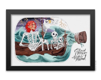May include: Framed art print featuring a watercolor illustration of a ship inside a bottle. The ship is crewed by skeletons and navigating stormy seas. The artwork includes the text "Eternal Sunshine of the Spotless Mind".