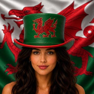 Welsh Dragon Leather Top Hat, Handmade Green Red  Wales Gift, Dragon Cymru Costume