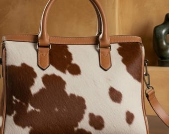 May include: A cowhide-patterned handbag in brown and white. The bag features a top handle and a detachable shoulder strap. The trim and handles are light brown. The bag is rectangular in shape.