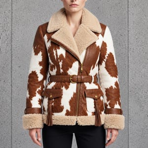 May include: A cow-print jacket featuring a brown and white pattern, a tan shearling collar, and matching shearling cuffs. The jacket includes a gold-tone front zipper, a matching waist belt with a gold buckle, and two front pockets with tassels.