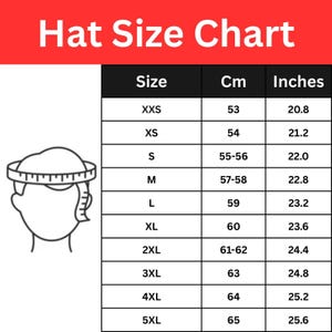 May include: A Hat Size Chart with a red header and a black and white table. The table lists sizes from XXS to 5XL, with corresponding measurements in centimeters and inches. A line drawing of a head with a measuring tape is on the left side.