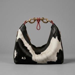 May include: A hobo-style handbag featuring a black and white cow-print hair-on-hide exterior with black leather trim. The bag includes a unique top closure mechanism consisting of a brass-toned metal swivel clasp and a red cord loop detail.