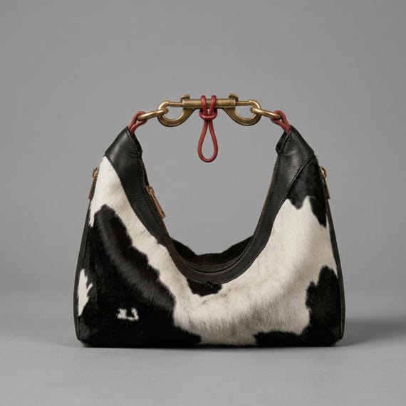 Black Cowhide Hobo Bag, Hair-On Hide Shoulder Purse, Western Handbag
