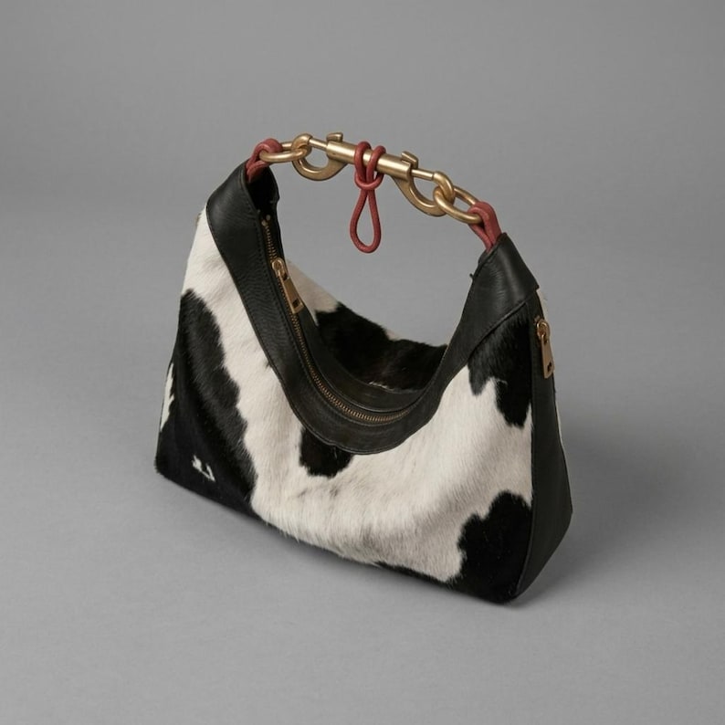 May include: A hobo-style handbag featuring a black and white cow-print hair-on-hide body with smooth black leather trim. The bag includes a curved zip closure and a unique handle constructed from gold-tone metal hardware links and red cord accents.