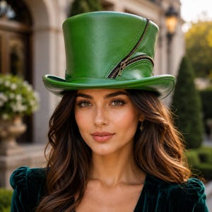 Handmade emerald green leather top hat with decorative side detail for steampunk, Victorian, cosplay, gothic fashion, festivals, and costume events.