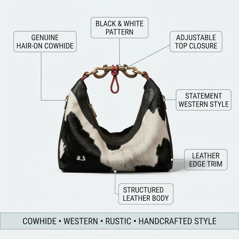 May include: A handbag featuring a black and white hair-on cowhide pattern, structured leather body, and leather edge trim. It includes an adjustable top closure with a red cord and brass hardware. Text labels include: GENUINE HAIR-ON COWHIDE, BLACK & WHITE PATTERN, ADJUSTABLE TOP CLOSURE, STATEMENT WESTERN STYLE, LEATHER EDGE TRIM, STRUCTURED LEATHER BODY, COWHIDE &bull; WESTERN &bull; RUSTIC &bull; HANDCRAFTED STYLE.