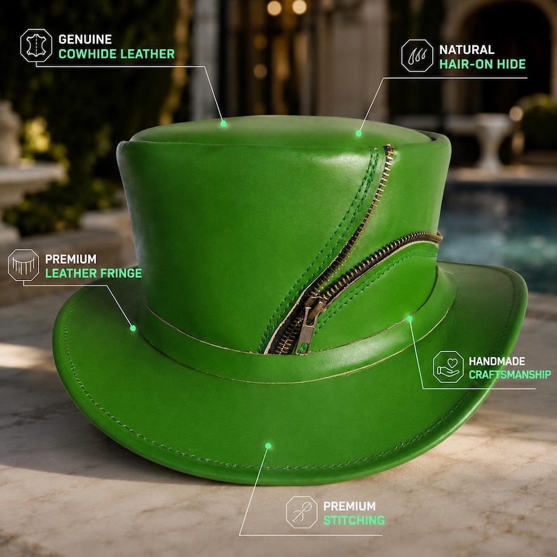 Handmade emerald green leather top hat with decorative side detail for steampunk, Victorian, cosplay, gothic fashion, festivals, and costume events.