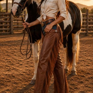 Puede incluir: Chaps de cuero marrón con largos flecos a lo largo de las piernas, usados sobre pantalones vaqueros azul oscuro. Los chaps incluyen un adorno de metal plateado en la cadera y un cinturón de cuero marrón con una hebilla plateada.