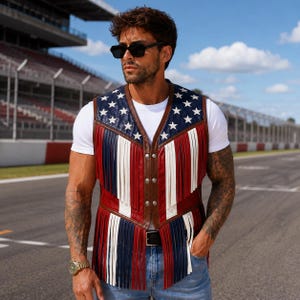 American Flag Leather Vest, Handmade Fringe Waistcoat, Red White Blue Cowhide, Western Patriotic