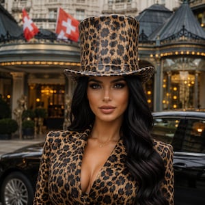 Op de afbeelding: Een hoge hoed met een bruin en zwart luipaardpatroon. De hoed heeft een gestructureerde cilindrische kroon en een gebogen rand, passend bij de luipaardprint blazer die eronder wordt gedragen. Het ontwerp is een klassieke formele hoofddekselstijl.