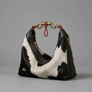 May include: A hobo-style handbag featuring a black and white cow-print hair-on hide texture. The bag includes black leather trim, gold-tone metal zips on the sides, and a unique handle mechanism with two brass-coloured clips and a red cord loop.