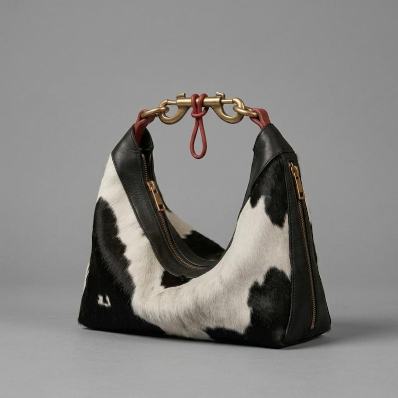 May include: A hobo-style handbag featuring a black and white cow-print hair-on hide texture. The bag includes black leather trim, gold-tone metal zips on the sides, and a unique handle mechanism with two brass-coloured clips and a red cord loop.