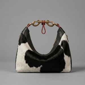 May include: A crescent-shaped handbag featuring a black and white cow-print hair-on-hide texture. The bag includes black leather trim, a central brass-toned metal clasp hardware, and a red leather loop detail connecting the top handles.