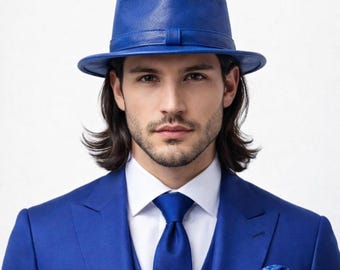 Blue Fedora Hat Leather Classic Formal Wedding Men Elegant Wide Brim Statement Style