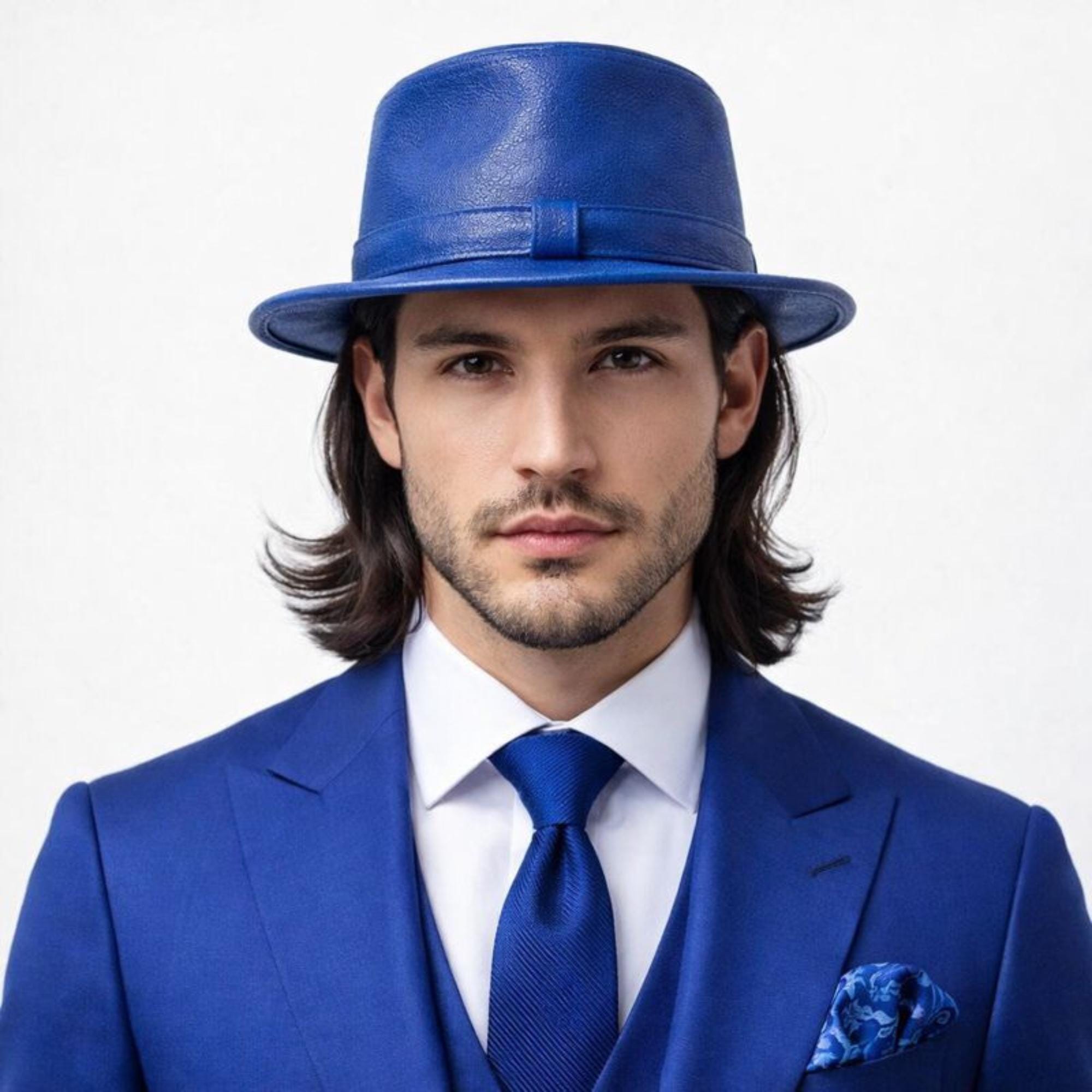 Blue Fedora Hat Leather Classic Formal Wedding Men Elegant Wide Brim Statement Style