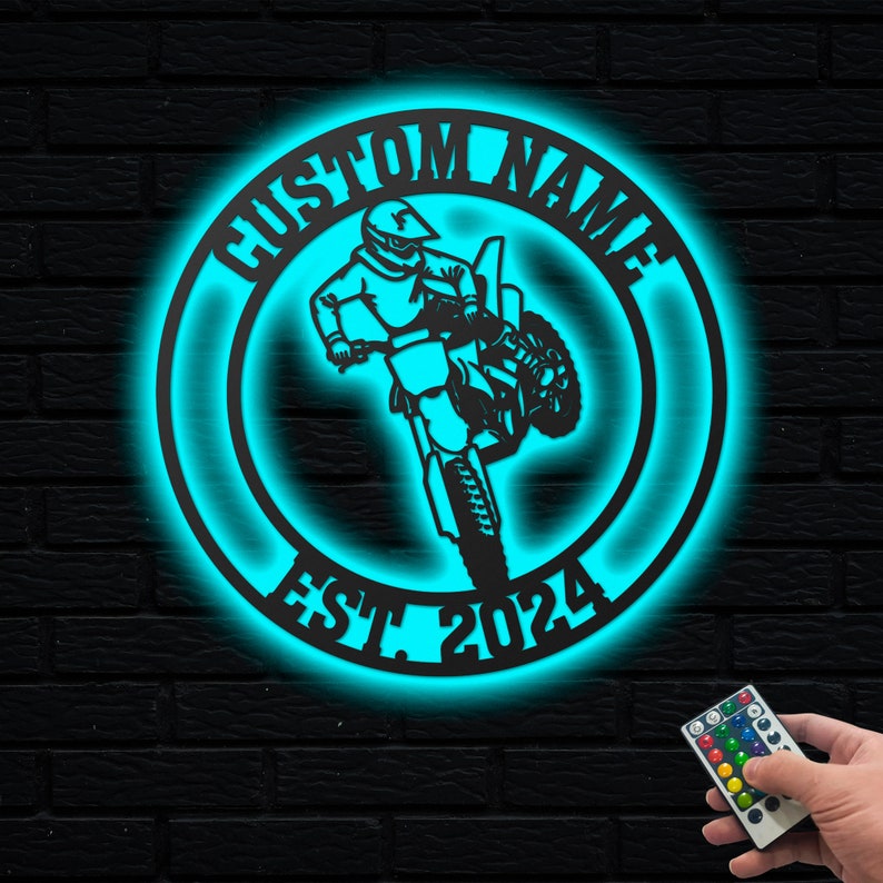 Personalized Motocross Biker Metal Wall Art LED Lights, Motorcycle