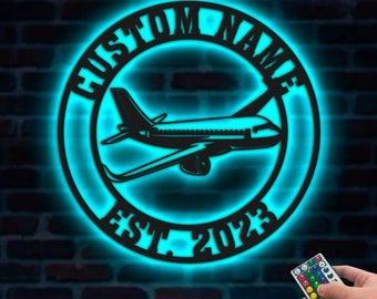 Personalized Airplane Metal Wall Art LED Light, Custom Pilot Name Sign, Aircraft Hangar Decoration, Airforce Gifts, Airplane Metal Sign