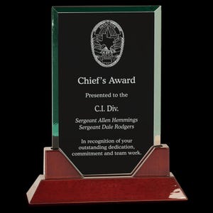 Custom Engraved Glass Award: Rosewood Piano Finish Base