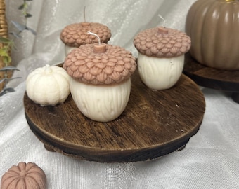 Puede incluir: Velas con temática otoñal en forma de bellotas y calabazas. Las velas de bellota tienen una tapa marrón claro y una base blanca. También hay una pequeña calabaza blanca y una calabaza marrón.